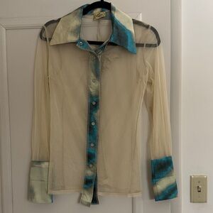 Vintage Sheer Cream & Blue Boho Button-Up Top